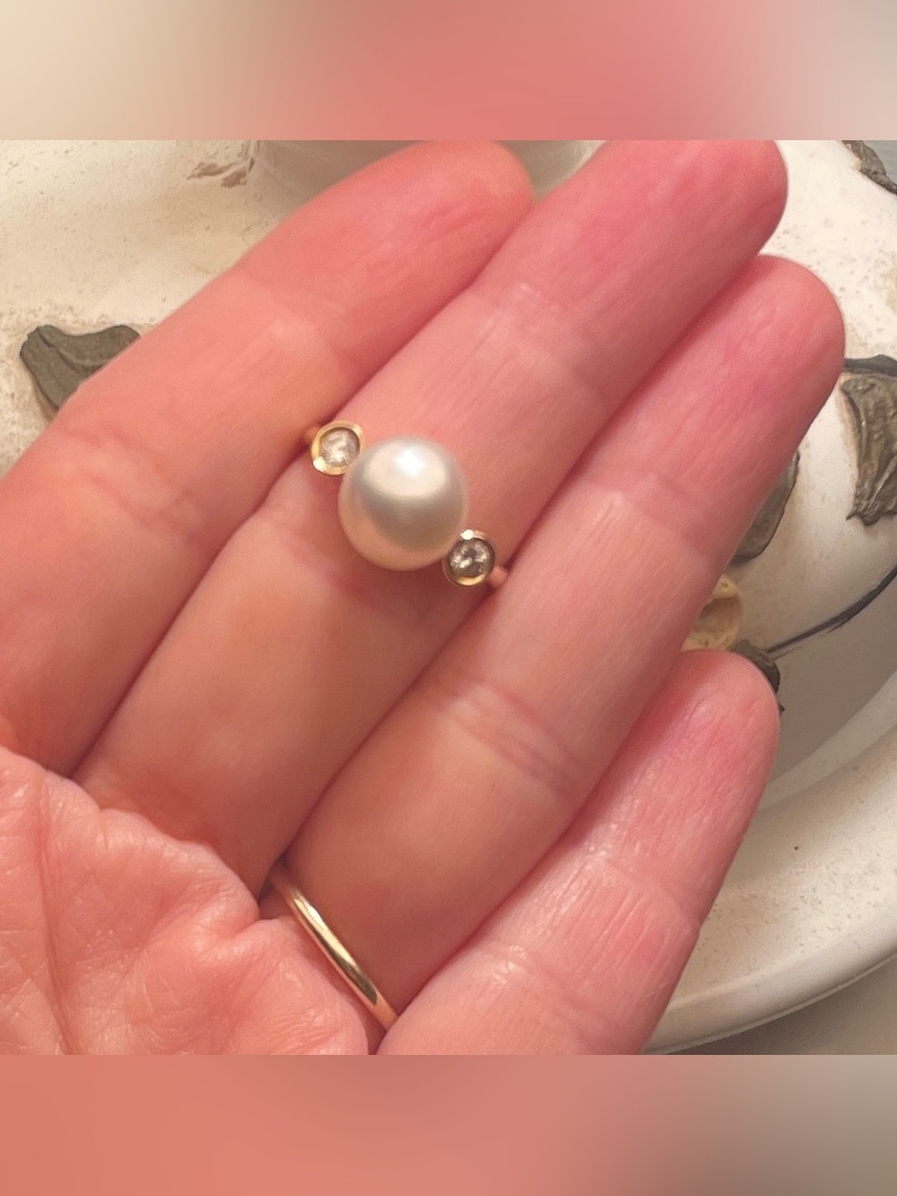 18K Pearl & .50 Carat Natural Diamond Ring, 7.75